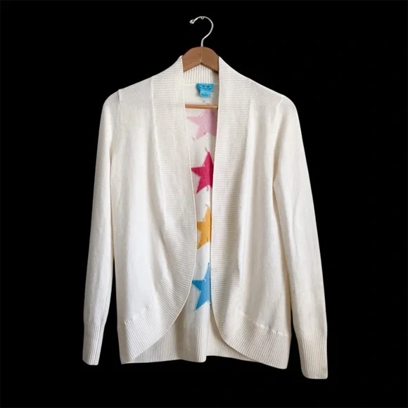 Two Bees Cashmere Stars Open Front Cardigan Sweater Ivory Off White Cozy Shawl S - Picture 3 of 8